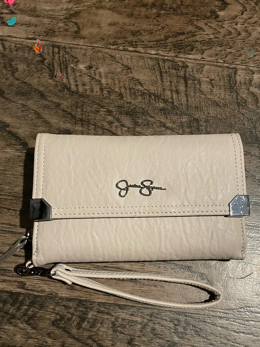 Jessica Simpson Light Beige Wristlet Clutch with Metal Accents